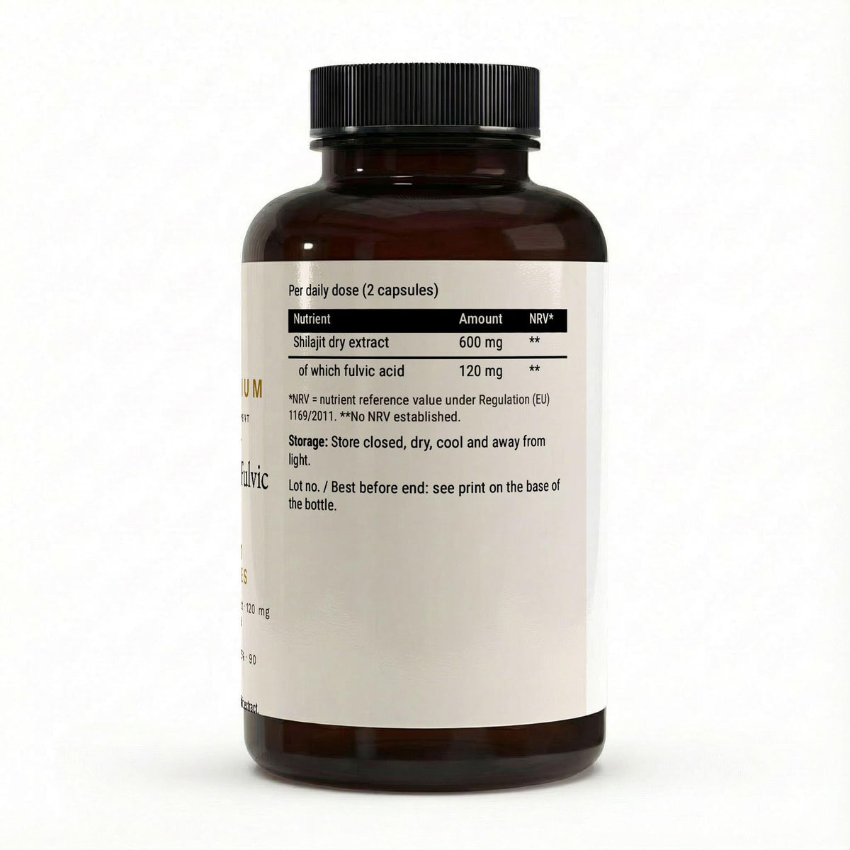The nutrition panel showing shilajit dry extract 600 mg, of which fulvic acid 120 mg, per daily dose