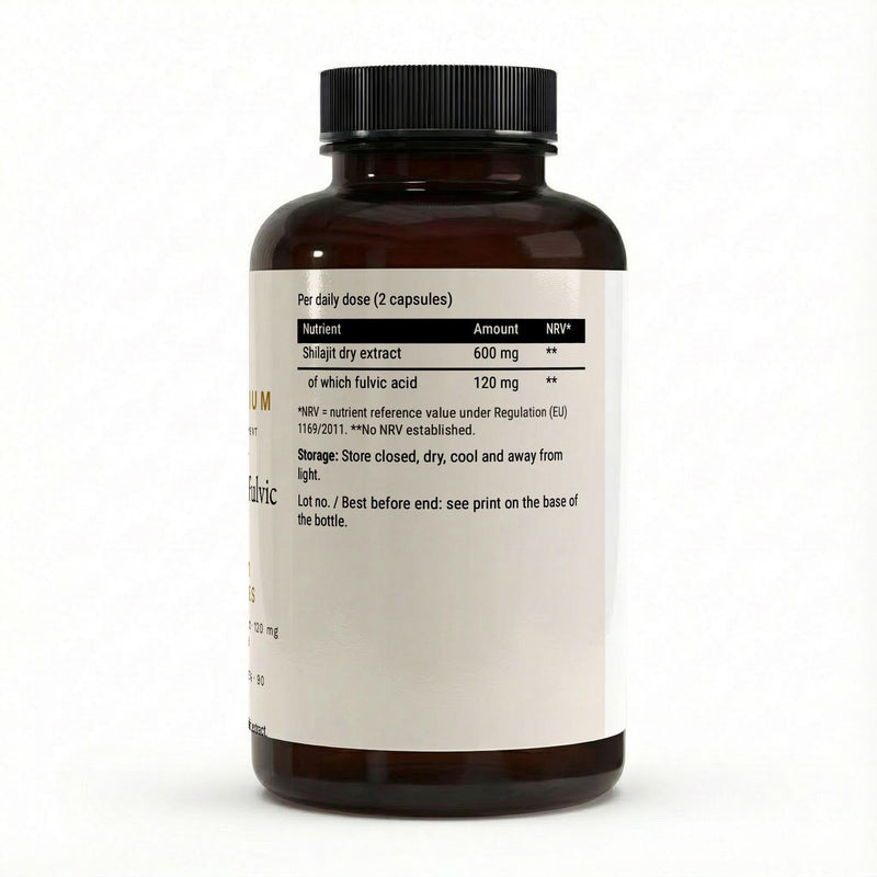 The label with the shilajit extract and fulvic acid nutrition table