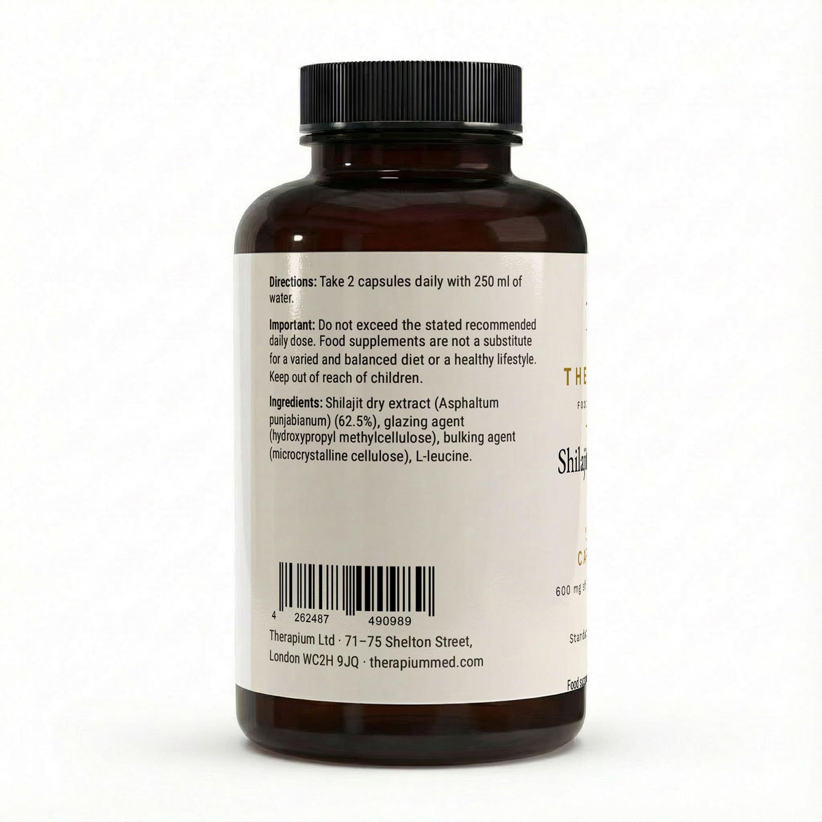 Back of the label with directions, ingredients, barcode and Therapium Ltd address