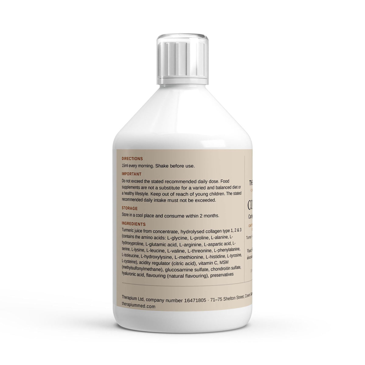 Therapium COLLARIS Cartilage Support Shots bottle, side panel with directions and full ingredient list