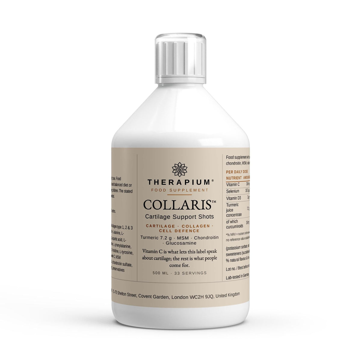 Therapium COLLARIS Cartilage Support Shots bottle, front studio render with the turmeric-collagen tagline