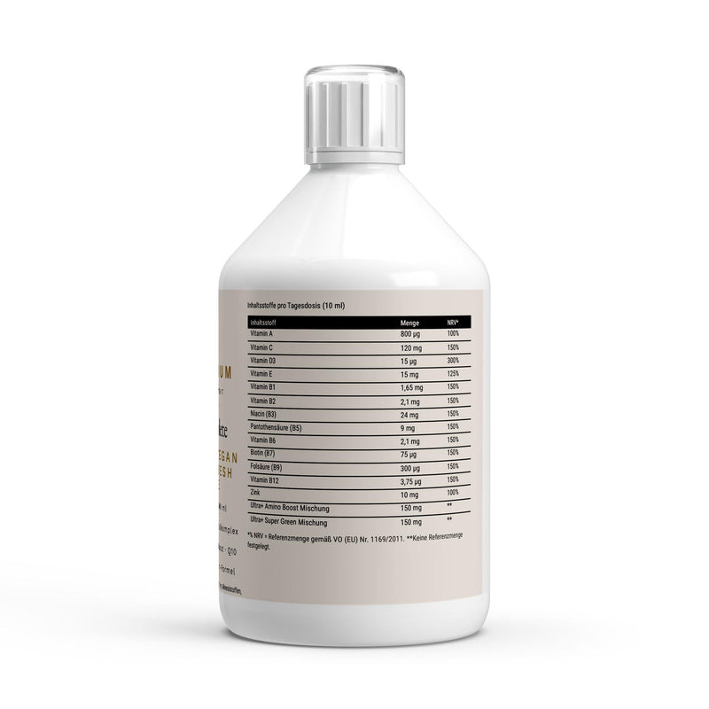 The label with the thirteen-nutrient table, the amino and green blends, and the ingredient list