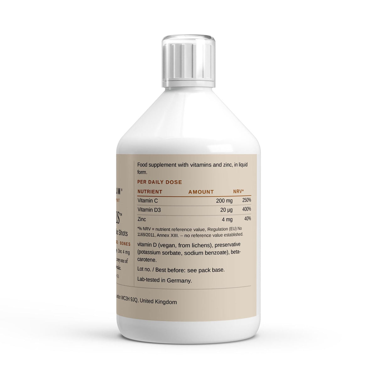 Back label with the vitamin C, D3 and zinc nutrition table and ingredient list