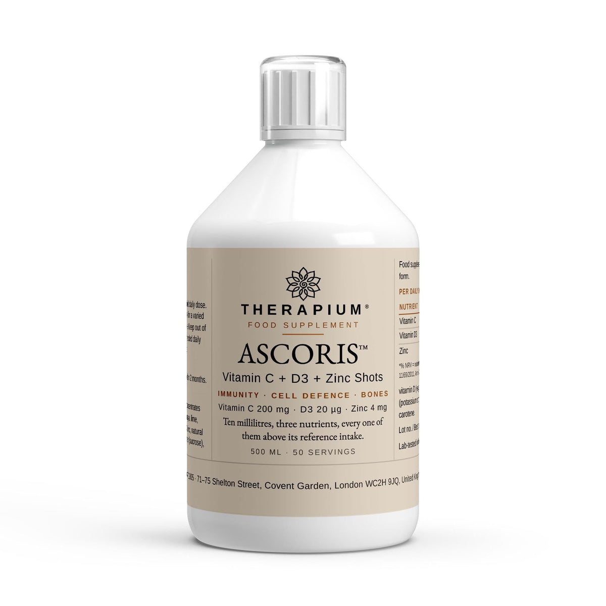 ASCORIS Vitamin C + D3 + Zinc Shots, 500 ml bottle, studio shot