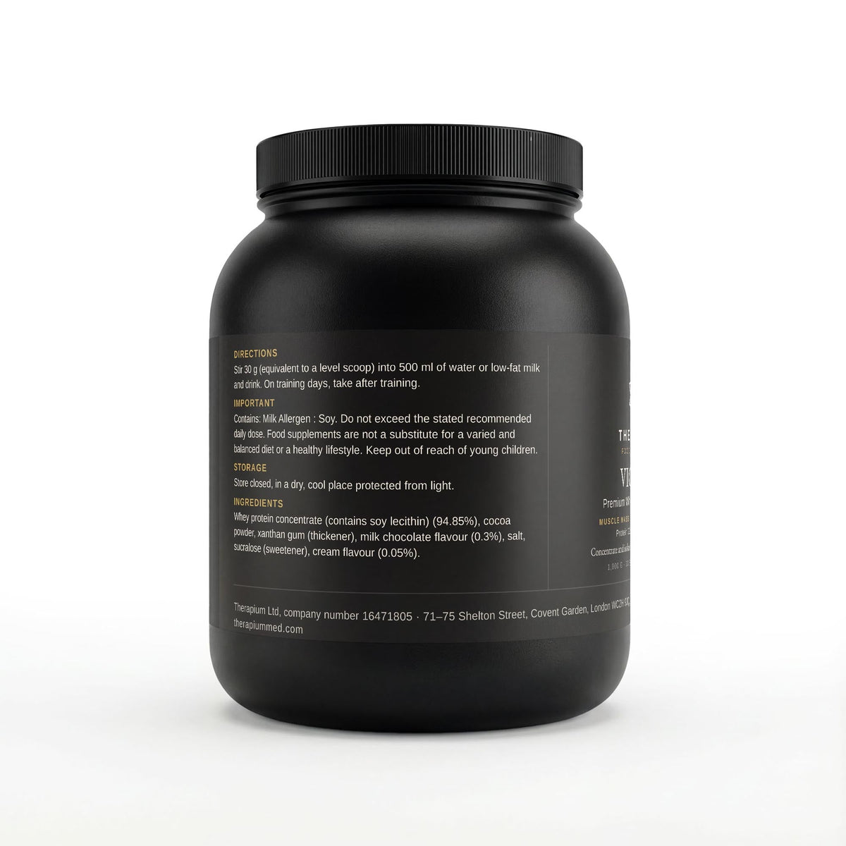 Therapium VIGORIS Premium Whey Protein Chocolate, back of tin with directions and ingredients