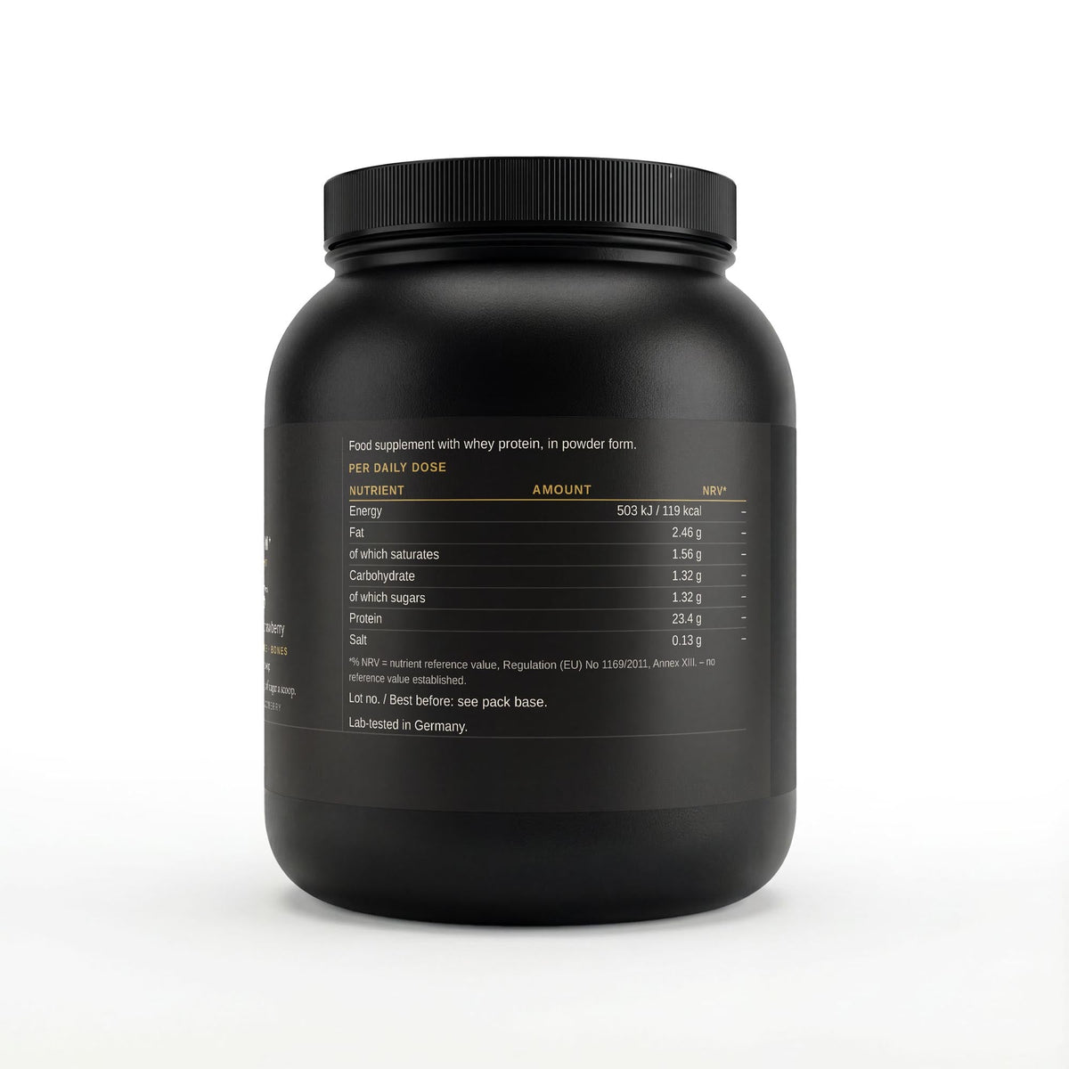 Therapium VIGORIS Premium Whey Protein Strawberry label with the per-scoop nutrition table