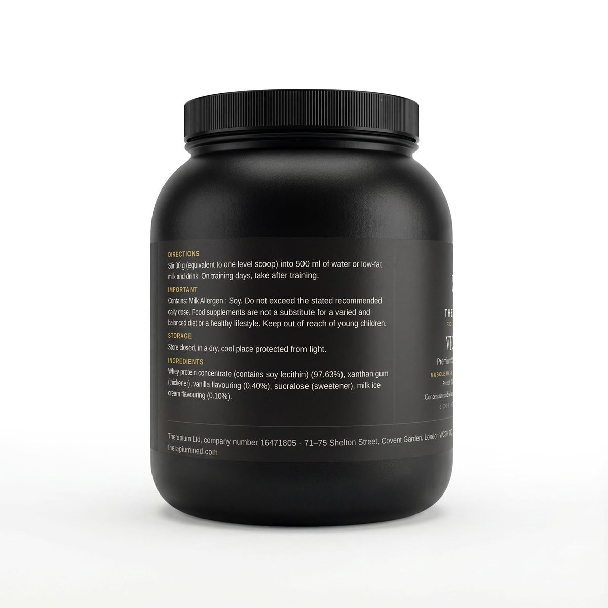 Therapium VIGORIS Premium Whey Protein Vanilla, back of tin with directions and ingredients