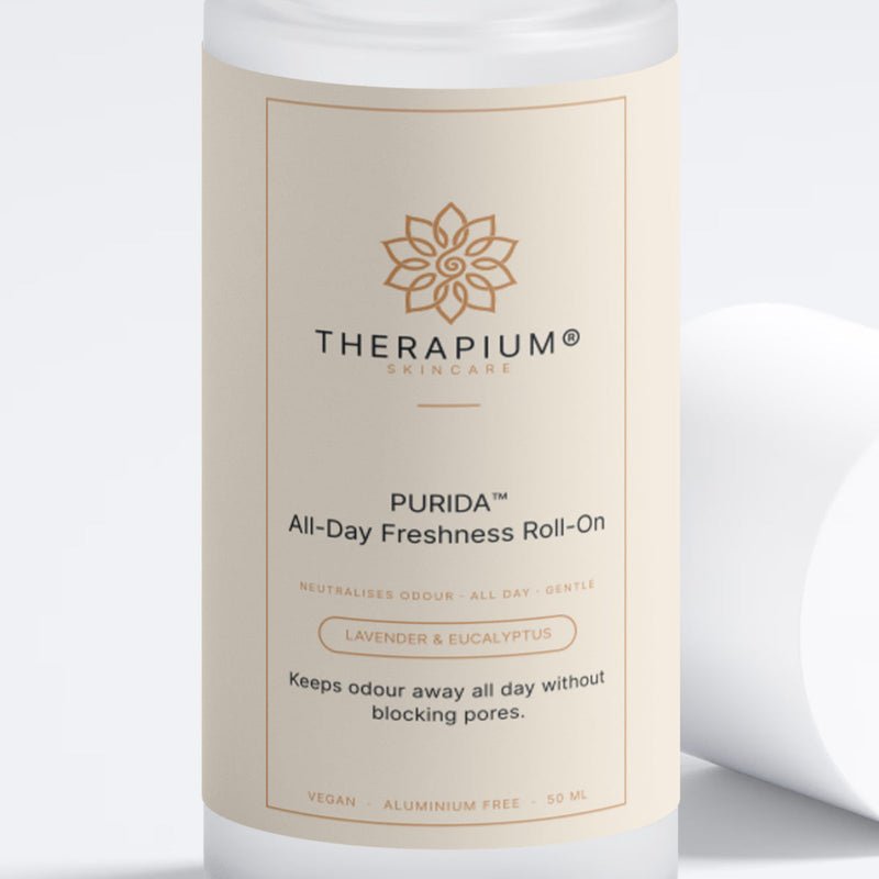 The front label of the PURIDA™ roll-on bottle