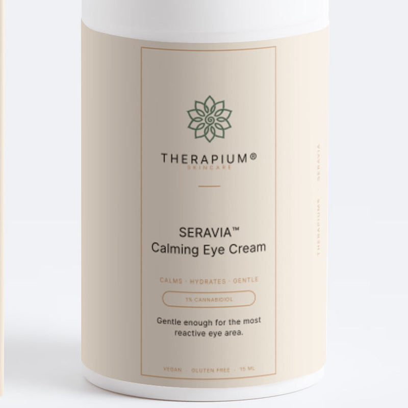 The front label of the SERAVIA™ eye cream bottle