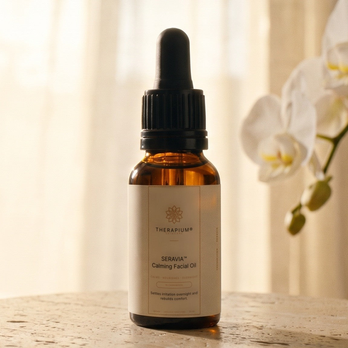 Therapium SERAVIA™ Calming Facial Oil, styled scene
