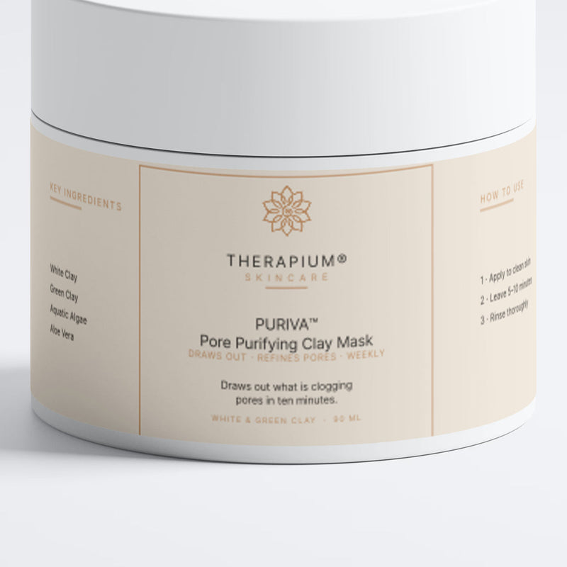The front label of the PURIVA™ clay mask jar