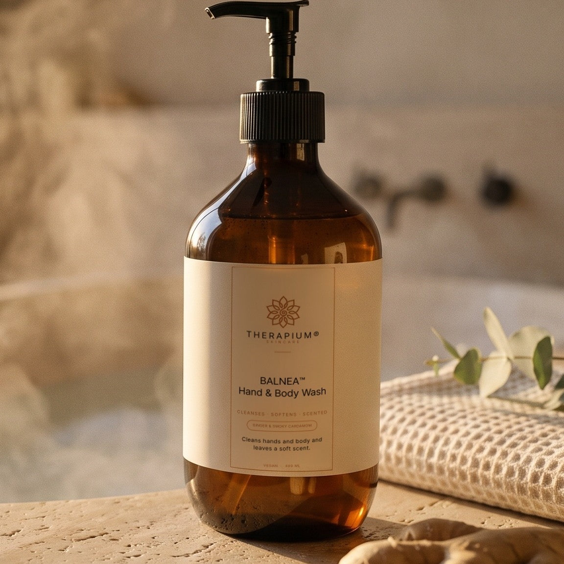 Therapium BALNEA™ Hand & Body Wash — Ginger & Smoky Cardamom, styled scene