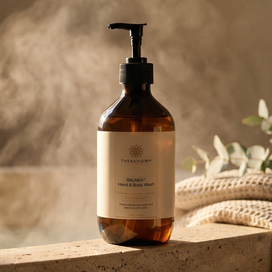 Therapium BALNEA™ Hand & Body Wash — Patchouli & Amber Vanilla, styled scene