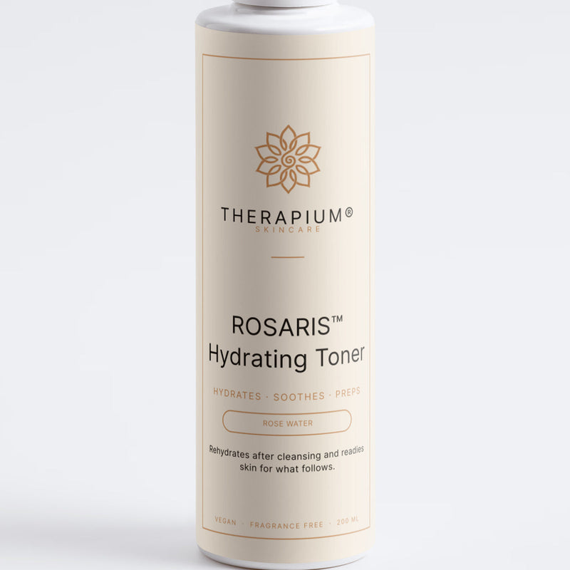 The front label of the ROSARIS™ hydrating toner bottle