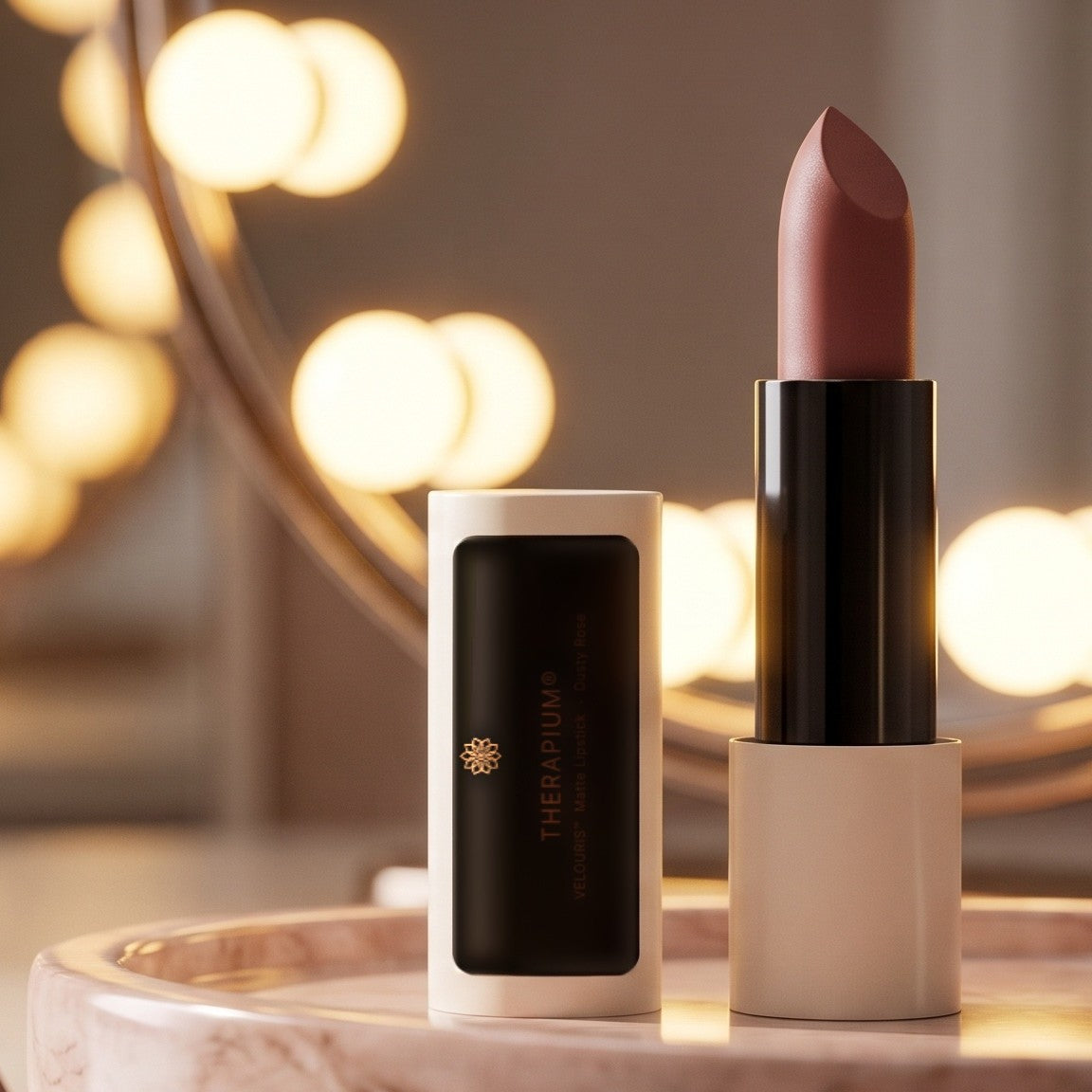 Therapium VELOURIS™ Matte Lipstick — Dusty Rose, styled scene