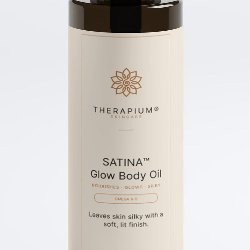 The front label of the SATINA™ body oil bottle