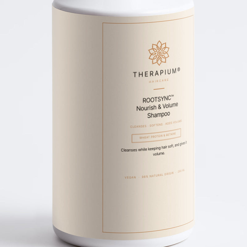 The label of the ROOTSYNC™ Nourish & Volume Shampoo bottle
