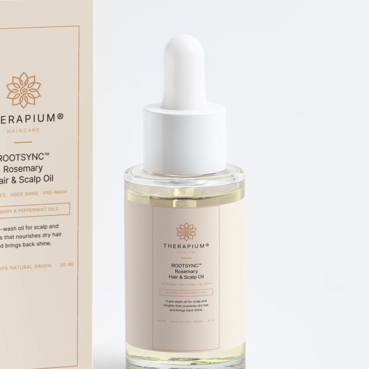 Therapium ROOTSYNC™ Rosemary Hair & Scalp Oil, close-up of the pack