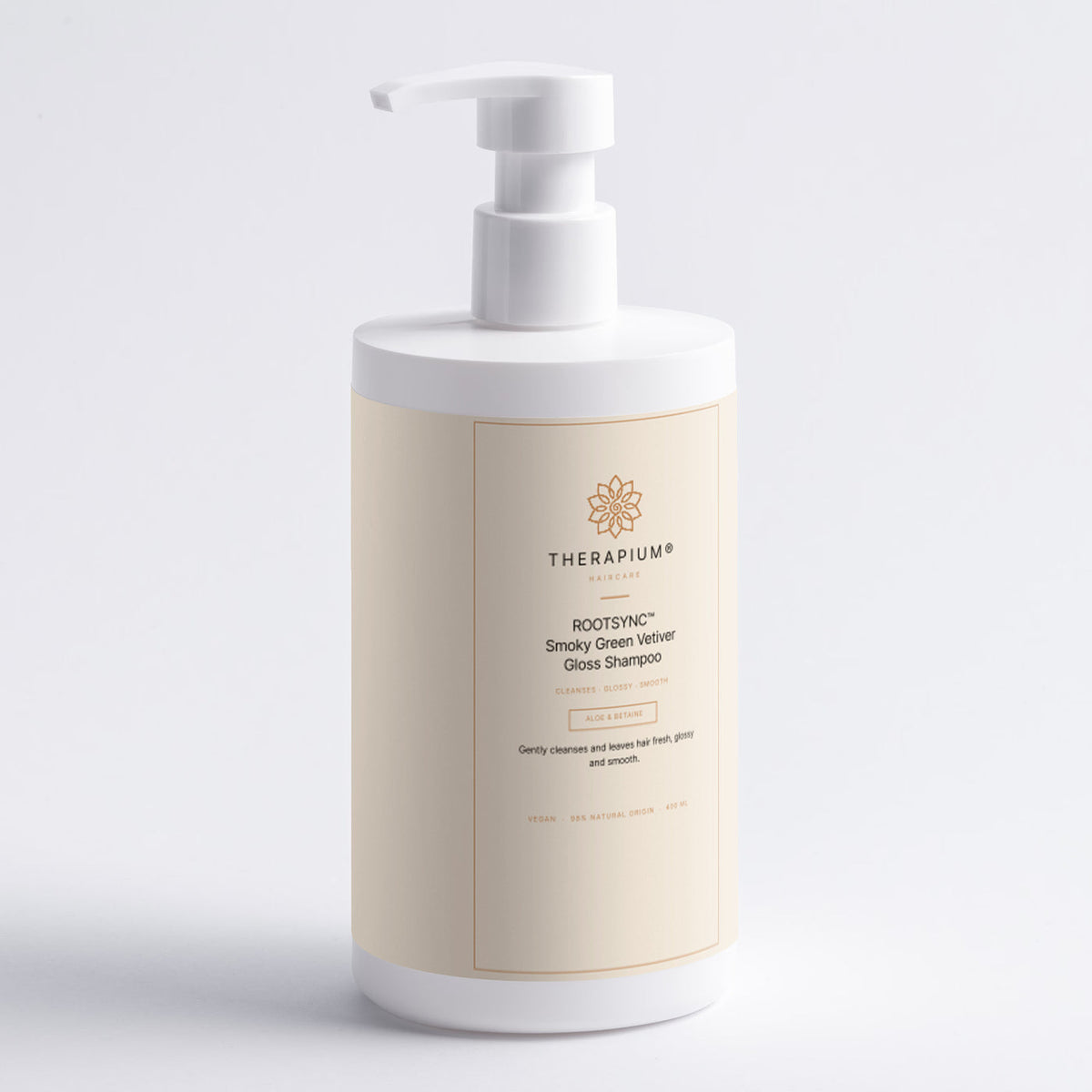 Therapium ROOTSYNC™ Smoky Green Vetiver Gloss Shampoo, close-up of the pack