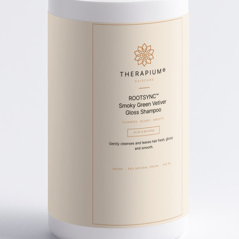 The label of the ROOTSYNC™ Smoky Green Vetiver Gloss Shampoo bottle
