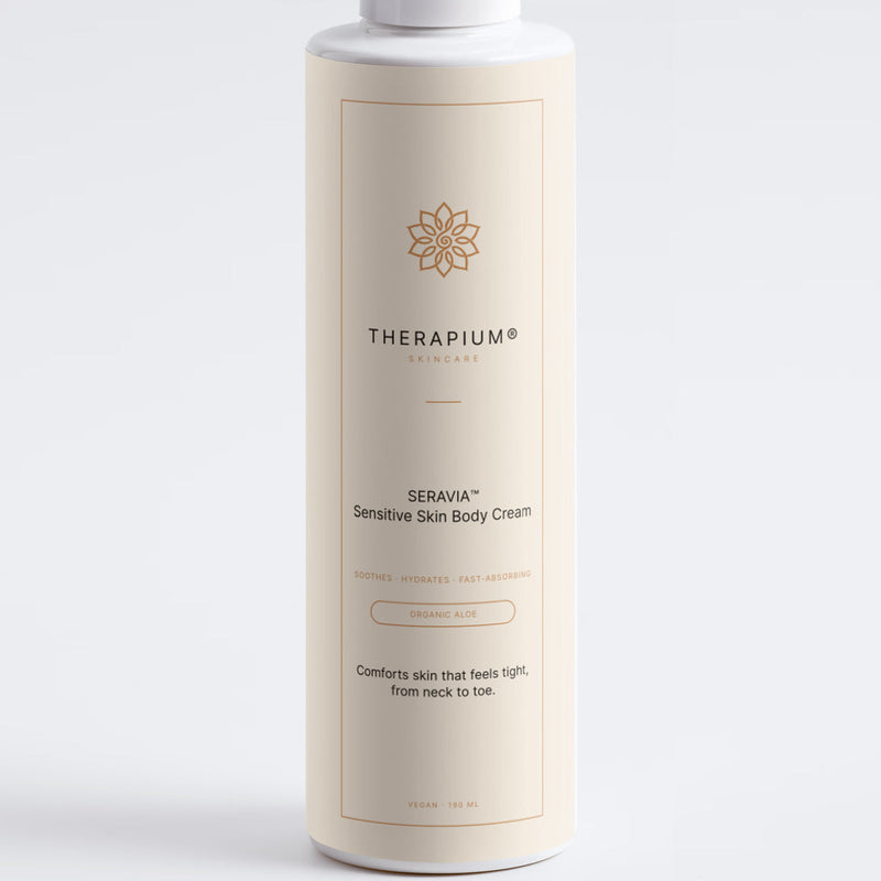 The front label of the SERAVIA™ body cream bottle