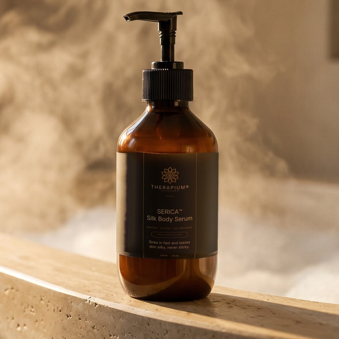 Therapium SERICA™ Silk Body Serum — Woody Amber & Leather, styled scene