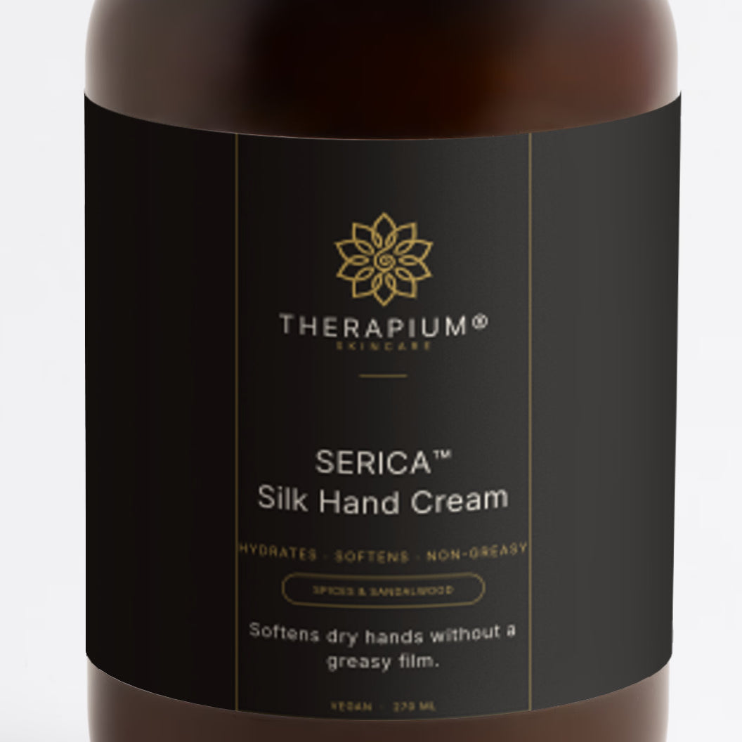 Therapium SERICA™ Silk Hand Cream — Spices & Sandalwood, front label
