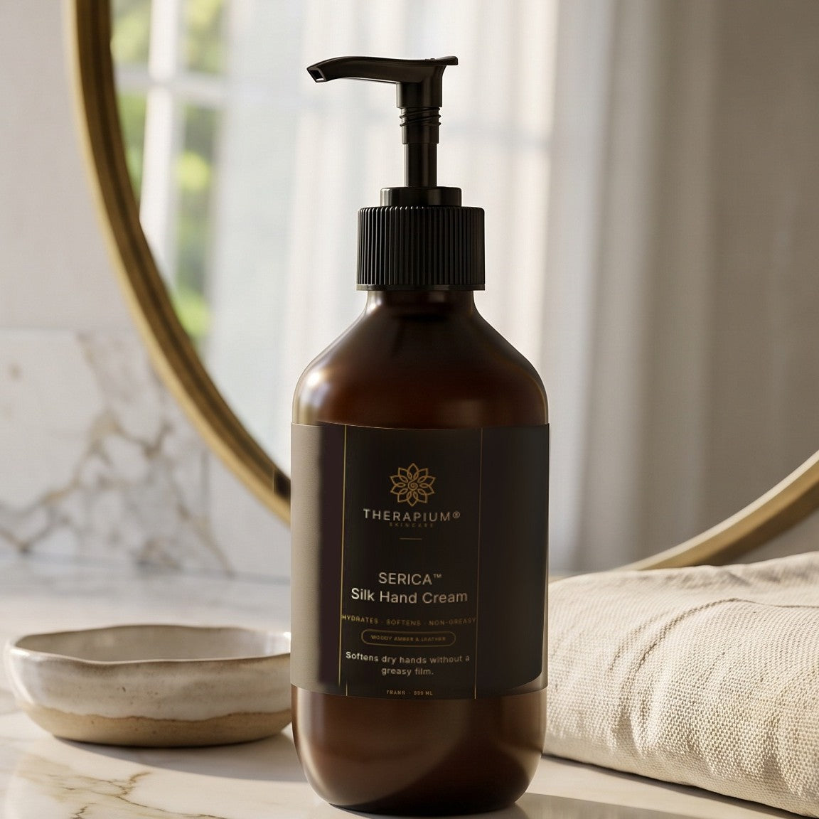 Therapium SERICA™ Silk Hand Cream — Woody Amber & Leather, styled scene