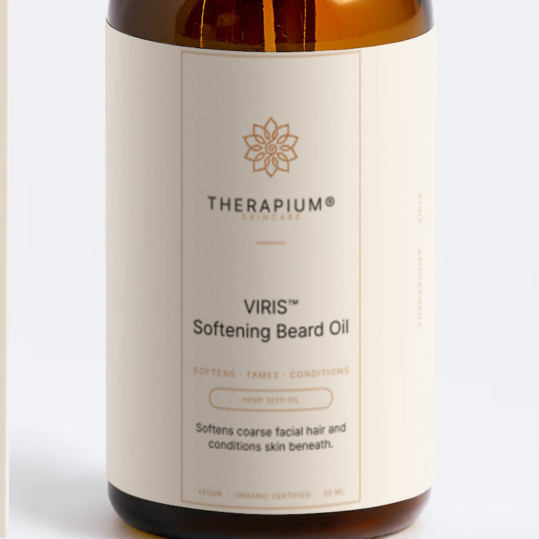 The front label of the VIRIS™ Softening Beard Oil bottle
