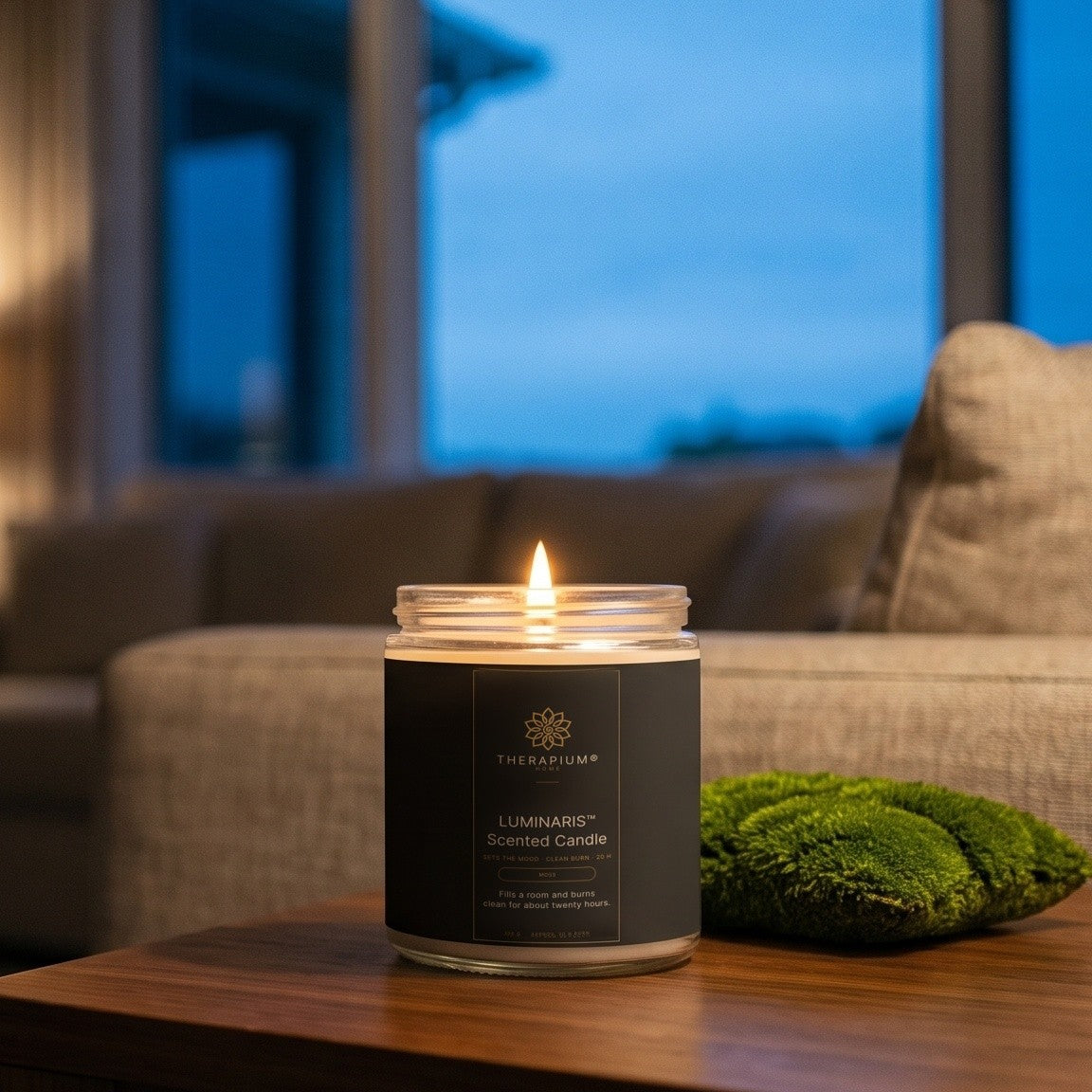 Therapium LUMINARIS™ Scented Candle — Moss, styled scene