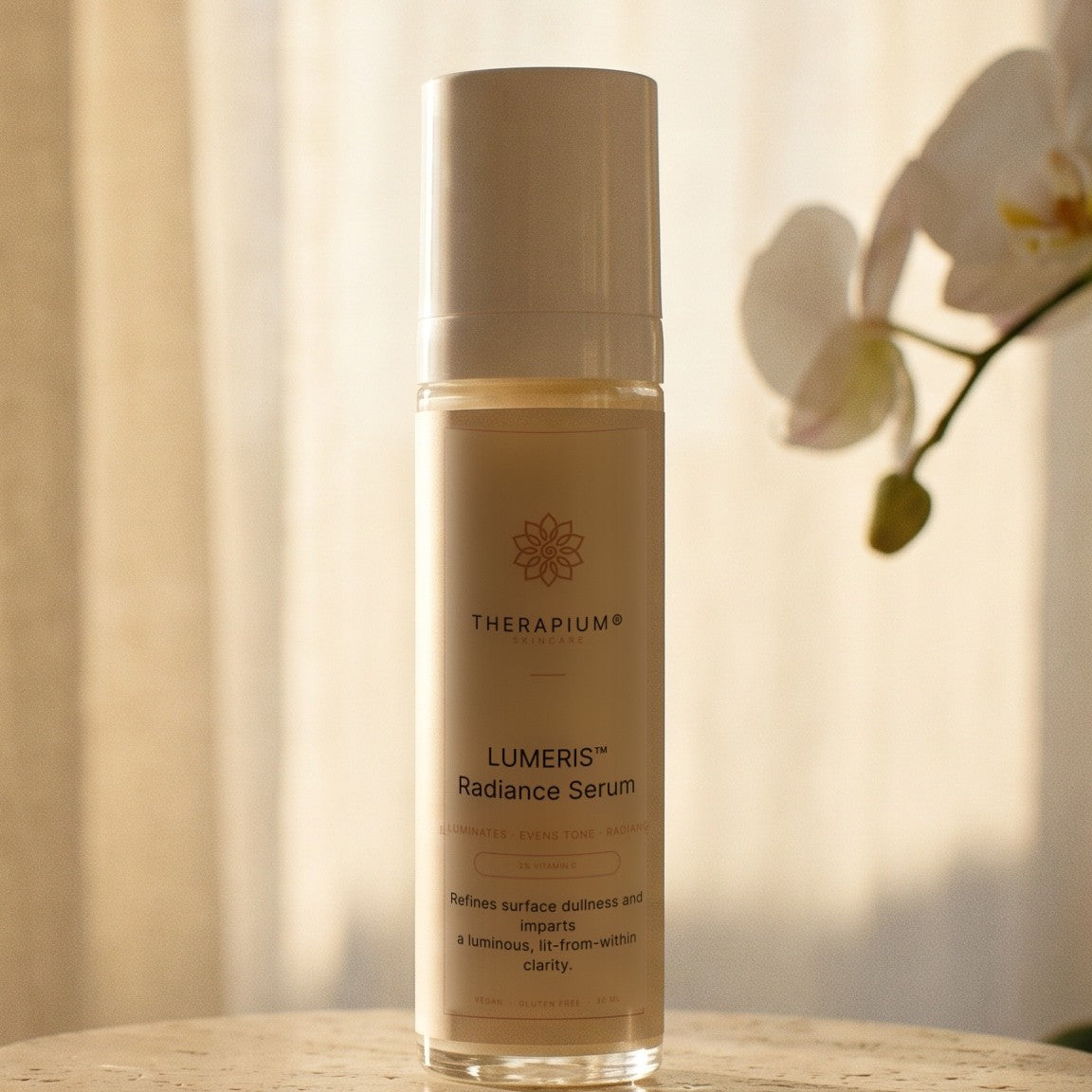Therapium LUMERIS™ Radiance Serum in a sunlit morning scene
