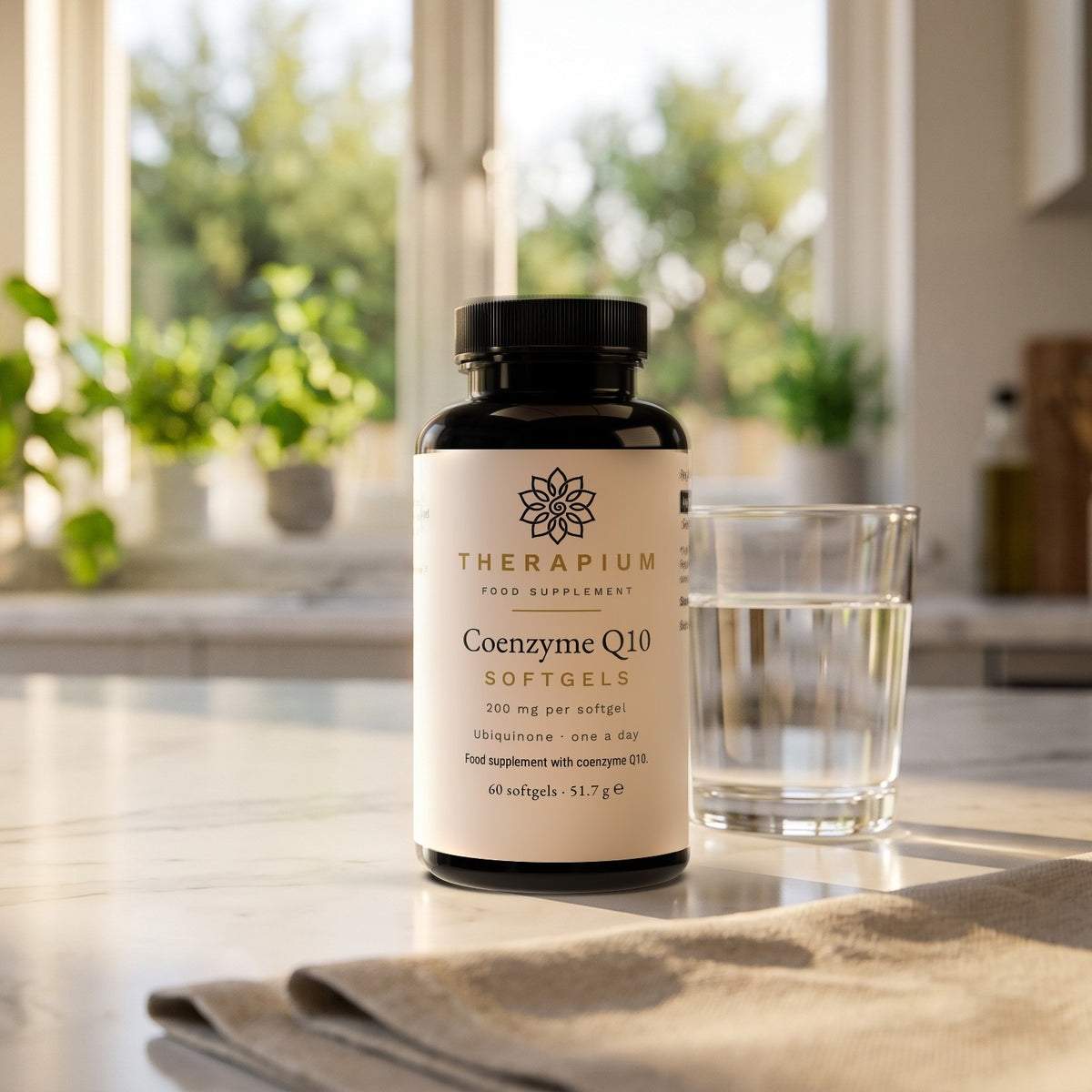 Therapium Coenzyme Q10 — 60 softgels with 200 mg each, styled scene
