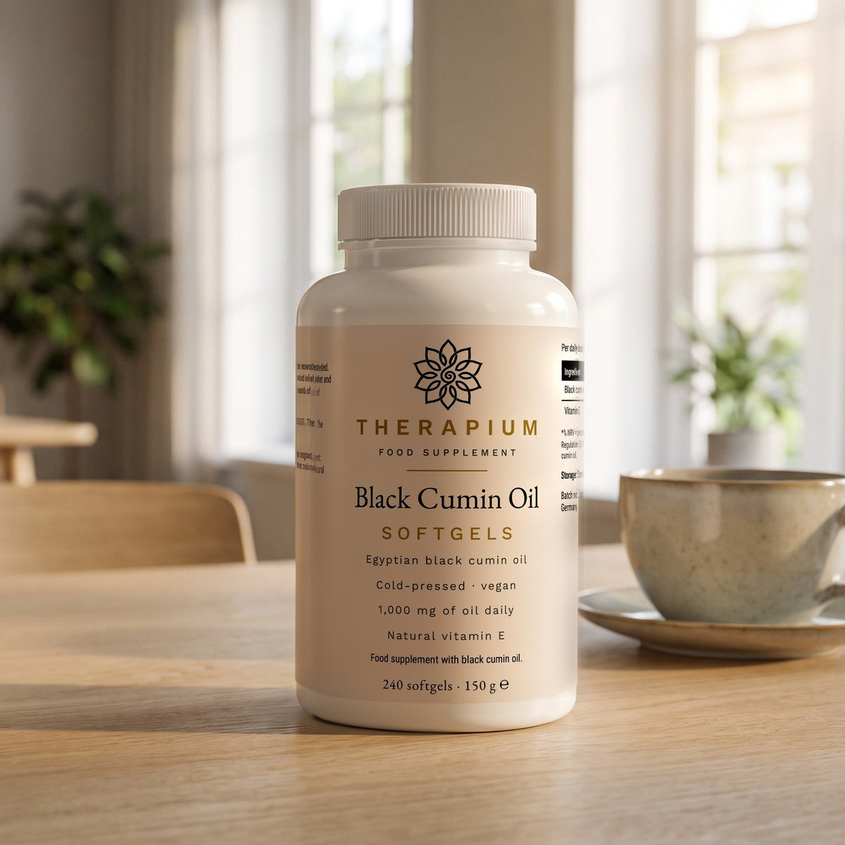 Therapium Egyptian Black Cumin Oil — 240 softgels with 1,000 mg of oil a day, styled scene