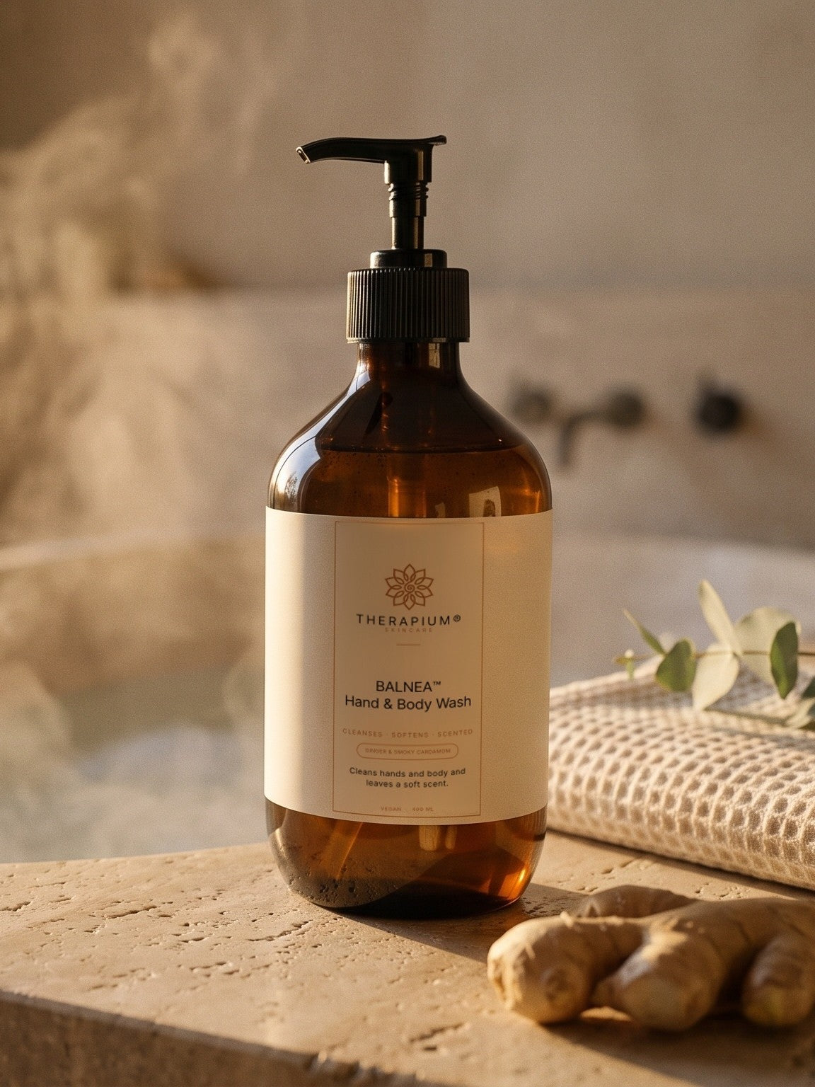 Therapium BALNEA™ Hand & Body Wash — Ginger & Smoky Cardamom, styled scene