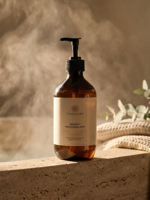 Therapium BALNEA™ Hand & Body Wash — Patchouli & Amber Vanilla, styled scene