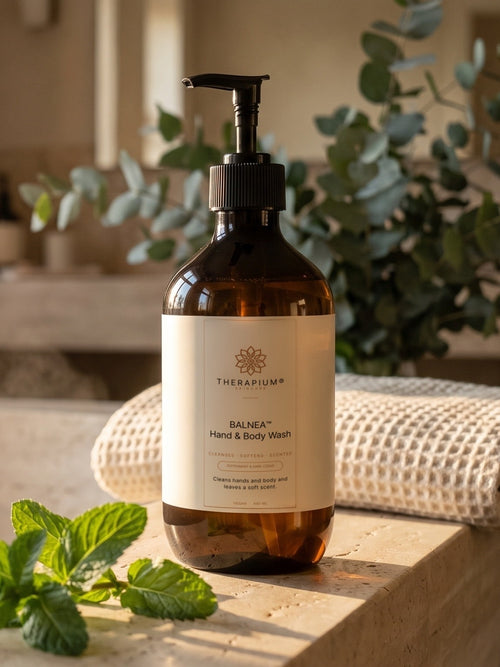 Therapium BALNEA™ Hand & Body Wash — Peppermint & Dark Cedar, styled scene