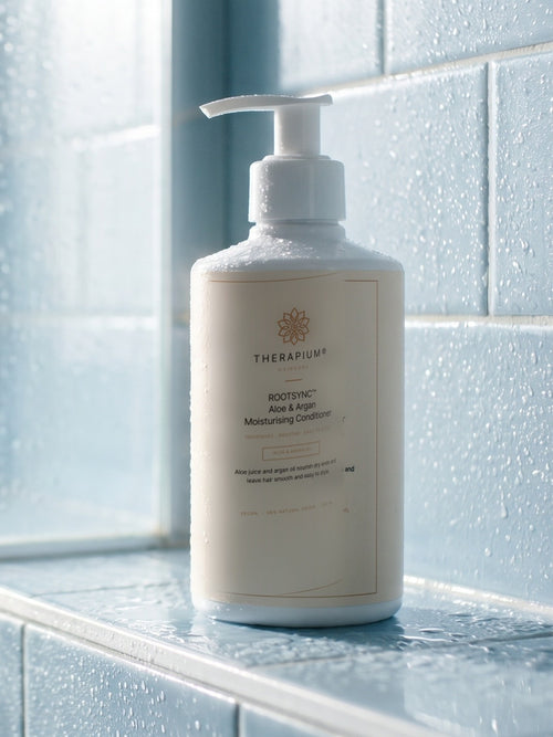 Therapium ROOTSYNC™ Aloe & Argan Moisturising Conditioner, styled scene