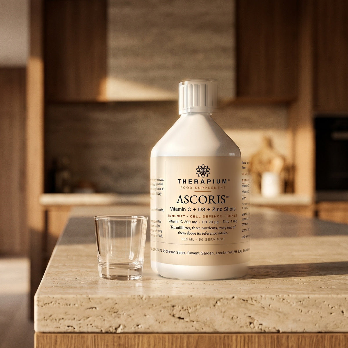 Therapium ASCORIS™ Vitamin C + D3 + Zinc Shots — 500 ml, styled scene