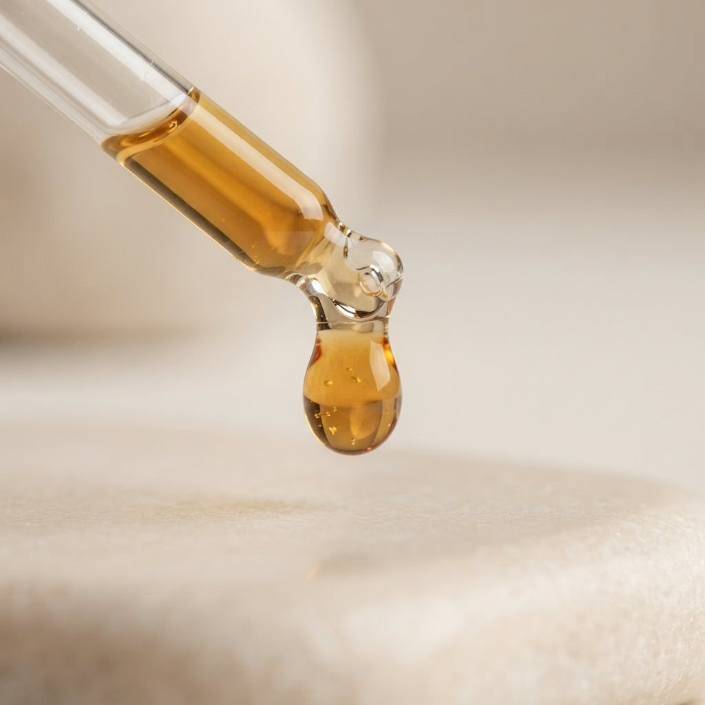 Close-up of a golden drop of Therapium BAKURIS Line Smoothing Serum on the dropper