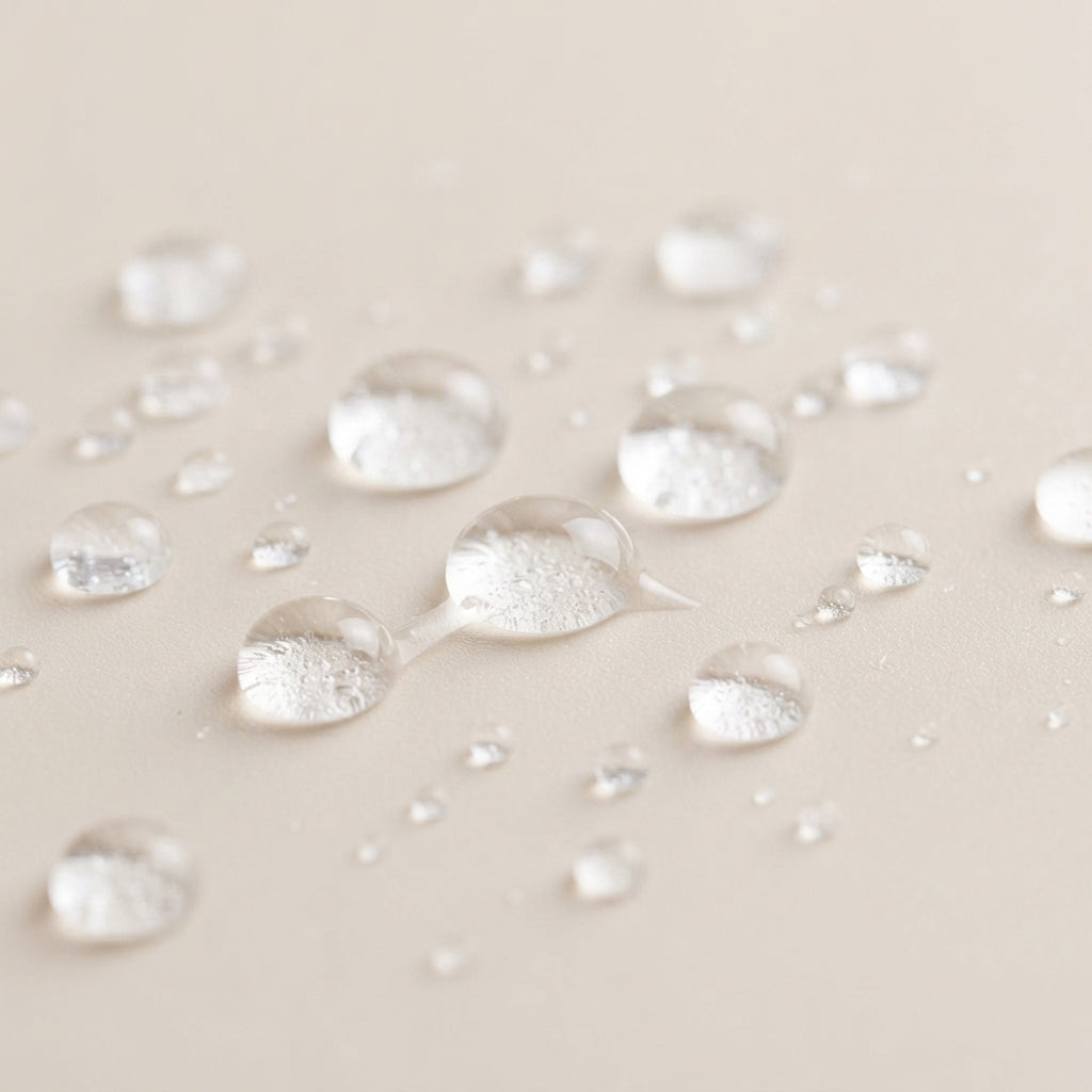 Macro of clear micellar water droplets on a pale surface