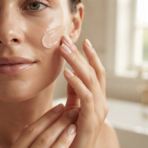 Woman smoothing NIACARIS™ Pore Refining Gel Cream onto her cheek