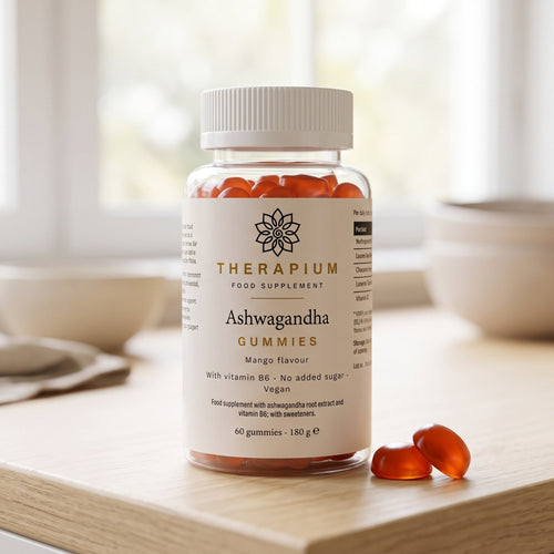 Therapium Ashwagandha Gummies, the jar on a kitchen counter, two gummies a day
