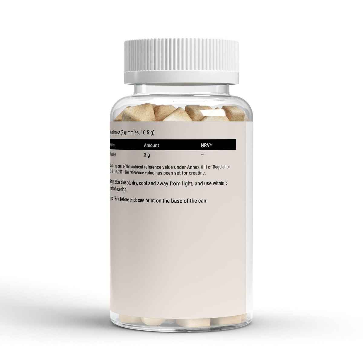 Back of the jar showing the nutrition table: creatine 3 g per daily dose