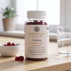 Therapium Creatine Gummies jar on a kitchen counter with a glass of water