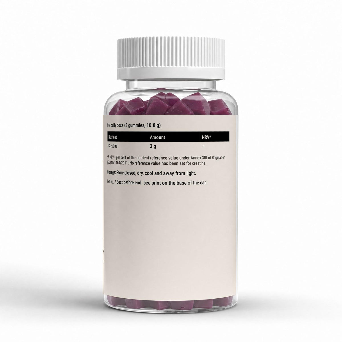 Back of the jar showing the nutrition table: creatine 3 g per daily dose