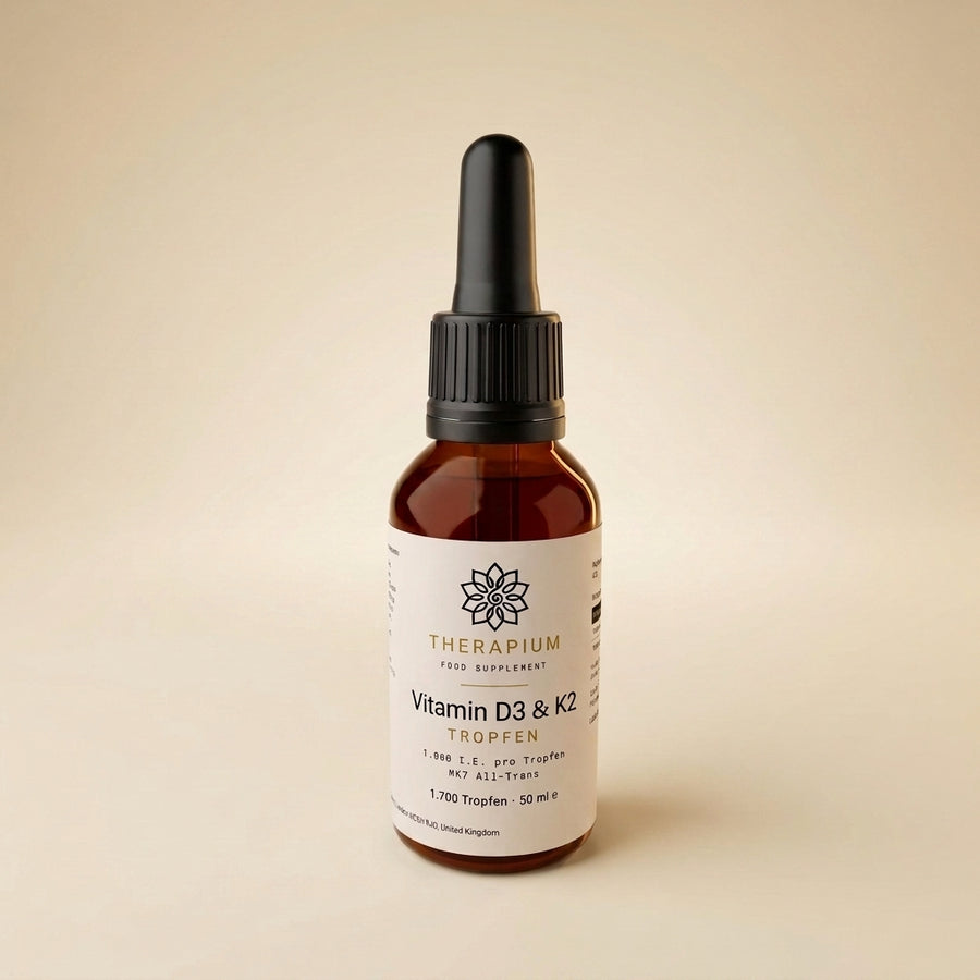 Therapium Vitamin D3 & K2 drops, 50 ml amber glass bottle with a black dropper cap, on a warm ivory background