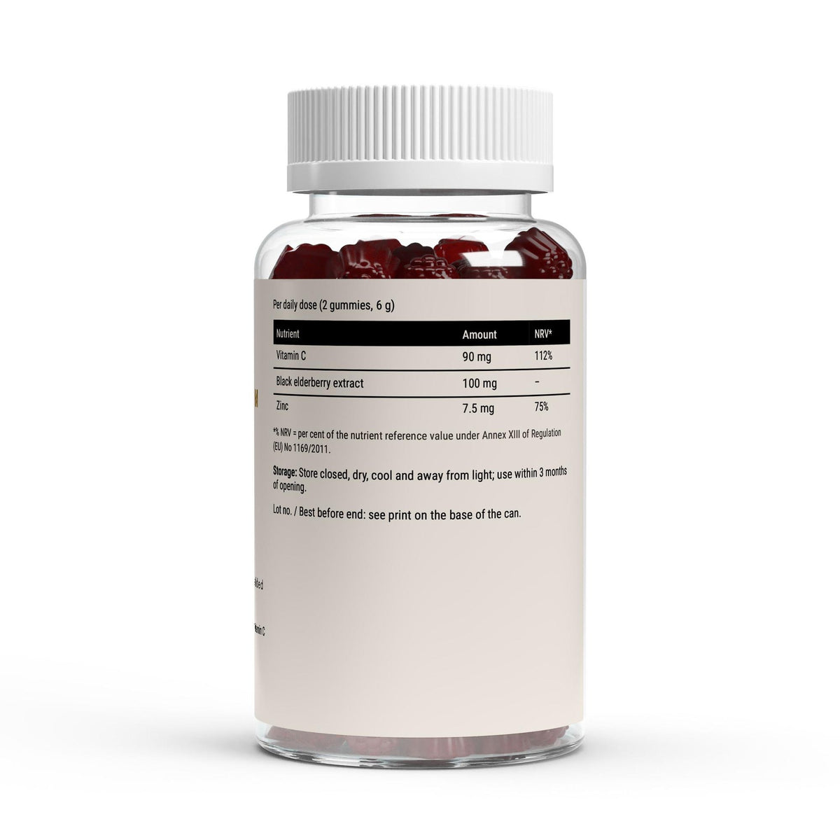 The nutrient table on the Therapium Elderberry Gummies label, per daily dose of two gummies