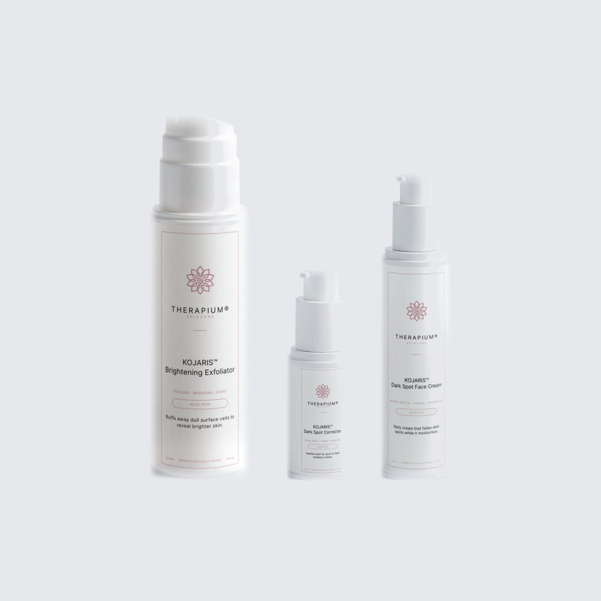 Therapium KOJARIS Ritual set: Brightening Exfoliator, Dark Spot Corrector and Dark Spot Face Cream side by side