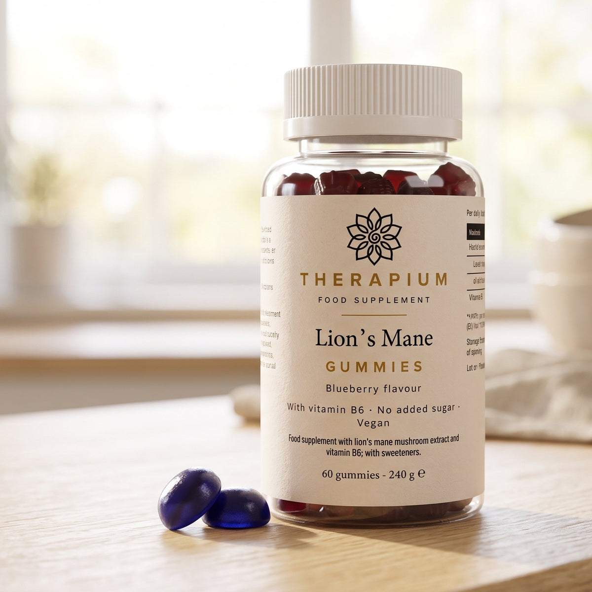 Therapium Lion's Mane Gummies, the jar on a kitchen counter, two gummies a day