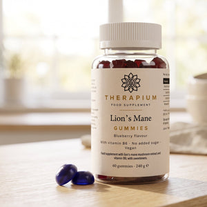 Therapium Lion's Mane Gummies, the jar on a kitchen counter, two gummies a day